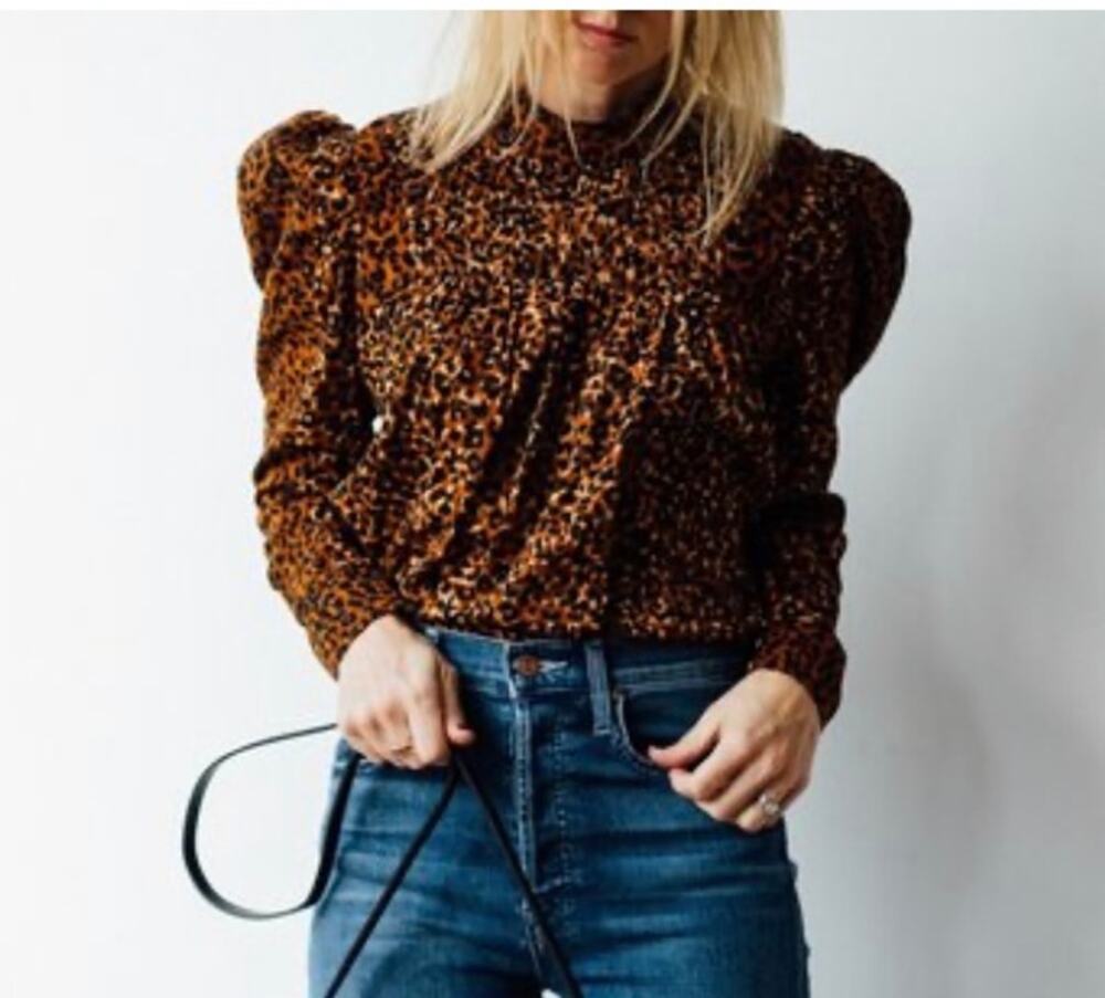Ulla Johnson Vesna Leopard Print Blouse Brown Black  Long Sleeve Cotton Size 6